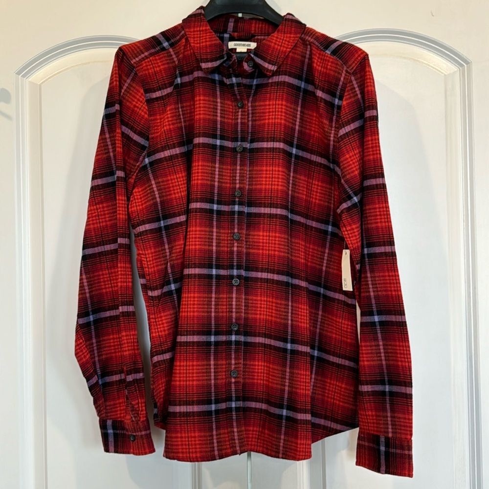 GoodThreads Shirt Womens Sz Large Red Plaid Button Down